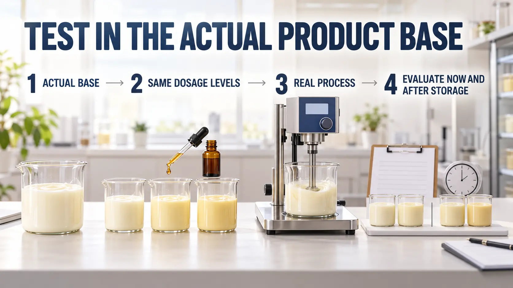 Four-step flavor test in the actual product base